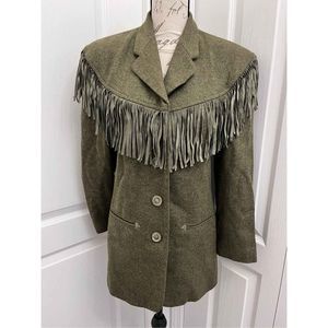 Max studio olive drab wool women suit blazer jacket fringe size 6